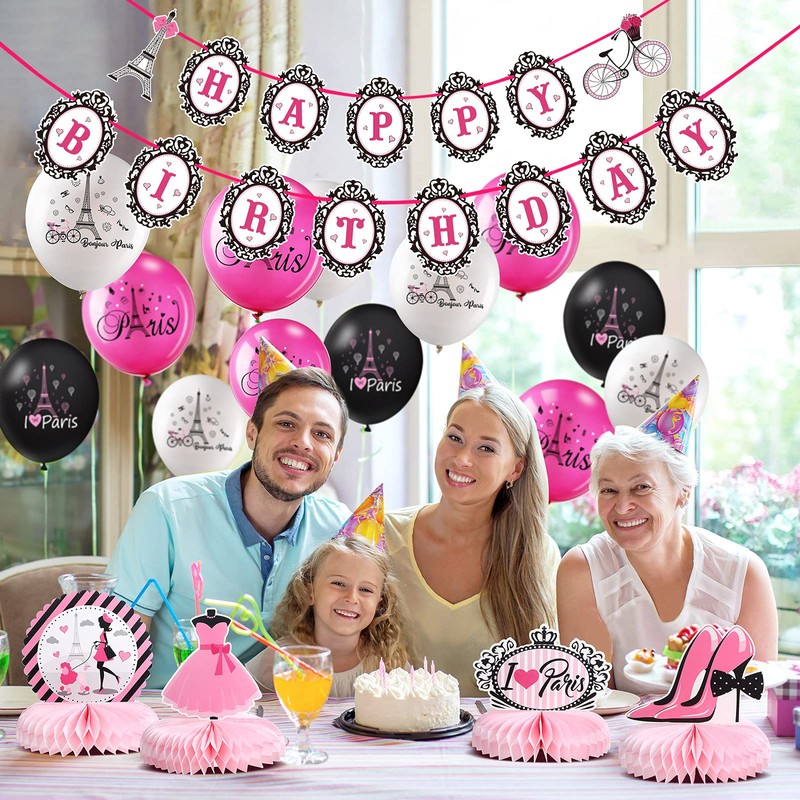 Paris Party Decorations Set, Pink Paris Happy Birthday Banner I
