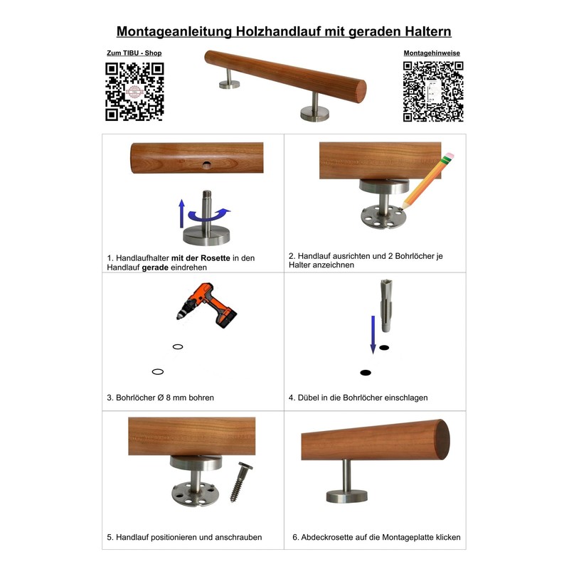 TIBU Oak Wooden Handrail Railing 0.3 m - 6 m,