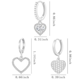NEWITIN 3 Pairs Heart Earrings for Women Hypoallergenic Silver Heart Dangle Drop Earrings Trendy Cubic Zirconia Dangle Earring Hearts Hoop Earring for Women