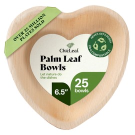 Chic Leaf Palm Leaf Bowls - Mini Disposable Heart Shaped Bamboo Plates - Paper Plates Alternative for Weddings & Parties - Biodegradable & Compostable Party Supplies (6.5'' - 25 Pack)