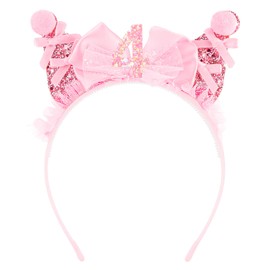 SuPoo 4th Birthday Headbands Bow 4th Birthday Decorations for Girl Cat Ear Princess Tiara Pompom Ball Girl Crown Glitter Hair Band for Party 4 Year Old Outfit