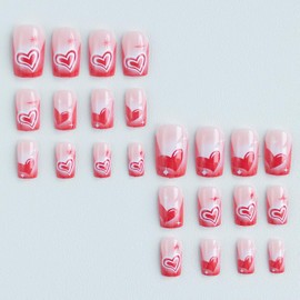 Vopintpy Romantic Love Heart Press on Nails Medium Square Valentine's Day Fake Nails Glossy French Tip Glue on Nails Reusable Acrylic Stick on Nails for Women DIY Valentines Manicure