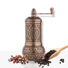 Glios Turkish Handmade Decorative Black Pepper Grinder, Refillable Turkish Spice Mill with Adjustable Coarseness, Manual Pepper Mill with Handle, Spice Grinder Metal with Hand Crank 11 cm-4.3 inch