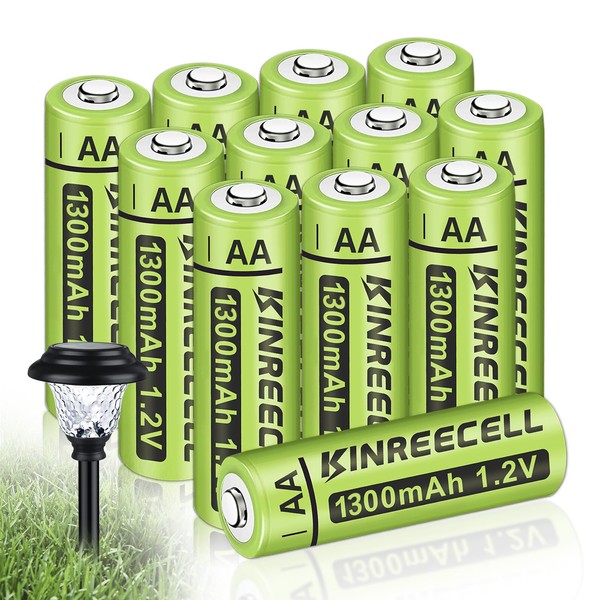 KINREECELL Rechargeable AA Batteries, Ni-MH Double A Solar Batteries High Capacity 1.2V Pre-Charged for Outdoor Solar Lights, String Lights, Pathway Lights (AA-1300mAh-12pack)