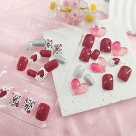 Short Press on Nails Square Valentines Fake Nails with Red Hearts Design Silver Glitter Glue on Nails Press ons Red Full Cover Glossy Acrylic False Nalis Valentine's Day Stick Nails for Women 24Pcs