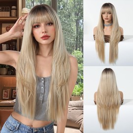 Geogroket Long Straight Wigs with Bangs Brown mixed Honey Blond Layered Hairstyle Synthetic Heat Resistant Wigs for Girls Daily Party Use 28 Inch
