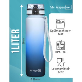 My Vesperbox Minny Children's Leak-Proof Water Bottle, with Straw or Strainer, 1 L, Lightweight Tritan Water Bottle, BPA-Free, for Nursery, School, Blue Gradient, 1 L
