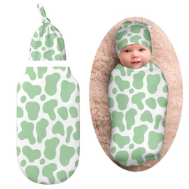 Sage Green Cow Print Newborn Baby Swaddle Blanket with Beanie Hat Baby Receiving Blanket Soft Baby Sleep Sack Baby Wraps Blankets Gifts for Boys Girls Infant