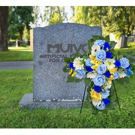 MUVIC Cemetery Flower Wreaths for Grave Decorations, Memorial Floral Cross with Easel Stand,Blue Rose Gerbera Narcissus-28 Inch