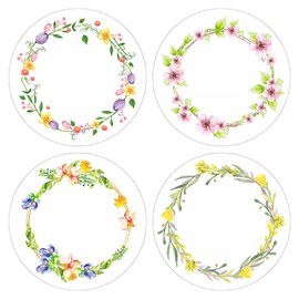 Pegatinas redondas de flores de primavera de 2 pulgadas, etiquetas de corona de flores, etiquetas adhesivas para sobres de niños, cajas de regalo, tarjetas de felicitación, etiqueta de