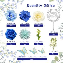 19 piezas de decoración de mariposa para pasteles, decoración de feliz cumpleaños con rosas artificiales azules, mariposas, eucalipto, suministros para fiesta de cumpleaños, boda, baby shower (azul)