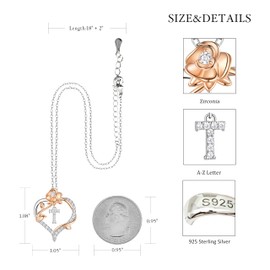 LynChoe S925 Sterling Silver Heart Rose Gold Letter Initial Necklace for Women, Cubic Zirconia Heart Pendant, 18+2 Inch Adjustable Cable Chain, Dainty Rose Flower Jewelry Gift for Her (T Initial)