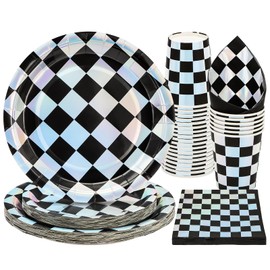 Party Tableware 96 Checkerboard Party Tableware Set Checked Piece Black Kids Birthday Girls Party Decoration Accessory Set Paper Tableware Set