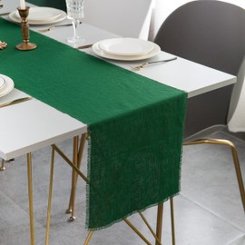 Linkslove Home Handmade Frayed Linen Table Runner -Green 100% Pure Linen Rustic Table Runner 14x72- Fringe Table Runner for Christmas, Winter - Farmhouse, Vintage or Modern Décor