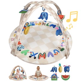 Baby Play Gym & Activity Mat with Light-up Musical Arch, Tummy Time Mat with 6 Detachable Sensory Toys for Motor Skills & Sensory Development, Baby Essentials Shower Gift - ABC123