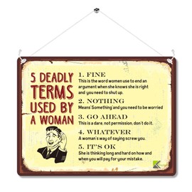 MP045 5 DEADLY TERMS USED BY A WOMAN : FINE/NOTHING/GO AHEAD/WHATEVER/IT'S OK Retro Home Bar Decor, Novelty Gag Gift for Men, Husband, Dad | Vintage Wall Art, Funny Kitchen Signs 20cm x 15cm