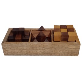 Purpledip Wooden Puzzle Set: 3 Mind Brain Challenges with Storage Box (12629)