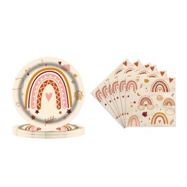 AIBAOBAO Pack of 32 Rainbow Birthday Party Tableware, Children's Birthday Decoration, Boho Birthday Party Tableware, 16 x 7 Inch Plates and 16 x Paper Towels for House Parties, Children's Parties (16