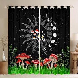 Manfei Mushroom Window Curtains Botanical Floral Print Window Treatments, Black White Sun Moon Window Drapes for Kids Girls Room Decor Grommet Top 2 Panel Set Bedroom Curtains, 38Wx54L inch