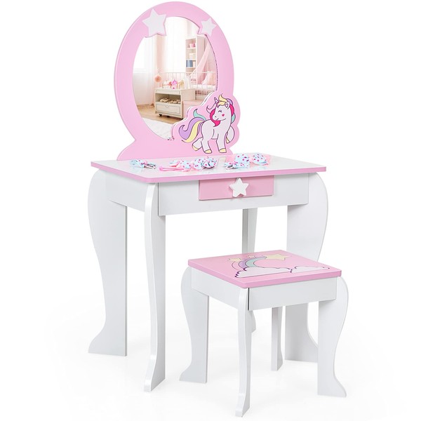 GYMAX Kids Vanity Table and Stool, Wooden Children Dressing Table Set with Detachable Mirror, Built-in Drawer & Unicorn Pattern, Princess Makeup Desk Set for Girls (White)