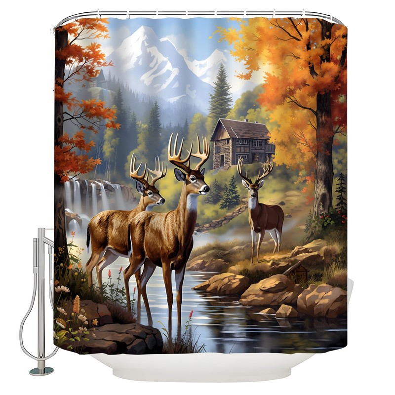 UPUMKSK Fall Deer Cabin Shower Curtain, 70x70 Inch