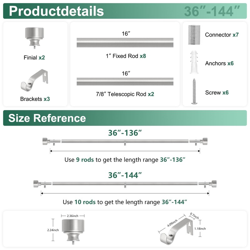 HEI! DEAR Brushed Nickel Curtain Rods for Windows 72 to
