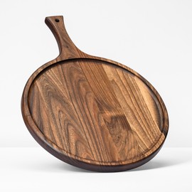 Round Walnut Wood Cutting and Serving Board with Handle - Charcuterie Wooden Board - Stylish Versatility for Your Kitchen - 14.6x10.6x0.8 in - Woodie Poppins