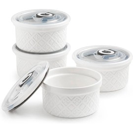 MISSYSSIM 9 oz Ramekins with Lids, Creme Brulee Ramekins Oven Safe, Small Ceramic Bowls, White Custard Cups for Baking, Dipping Sauce Cups, Set of 4
