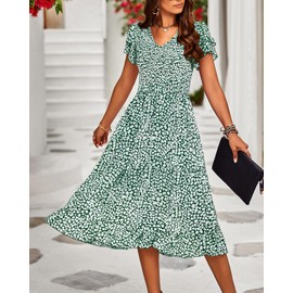 BTFBM Women Casual Summer Short Ruffles Tiered Sleeve Smocked Midi Dresses Bohemian Floral V Neck Wedding Guest Long Dresses(Floral Dark Green,Medium)