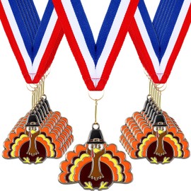 Loetere 12 Pcs Multicolor Thanksgiving Medals Turkey Medals with Neck Ribbons Thanksgiving Trophy Turkey Award for Prizes Racing Fall Holiday Party Supply