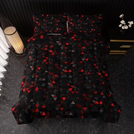 Nttopship Geometric Red Black Comforter Set,Triangle Honeycomb 3 PCS Bedding Set Twin Size for Teen Adult,Modern Quilt Set Geometry Decor,Microfiber Lightweight 1 Comforter 2 Pillowcases
