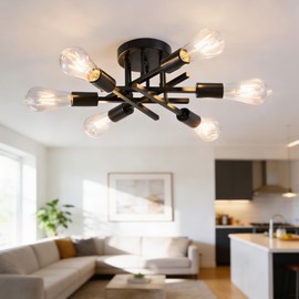 Phaosio 6-Light Semi Flush Mount Ceiling Light Fixture, Modern Black Sputnik Chandelier Lighting for Dining Room, Kitchen, Bedroom, Living Room, Farmhouse Industrial Ceiling Light with E26 Sockets