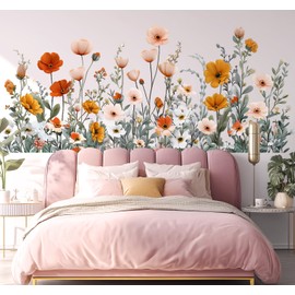 VePret Large Flowers Wall Decals Peel and Stick, Pink Wildflowers Floral Plants Wall Stickers, Removable Vinyl Home Decor Art for Bedroom Living Room Classroom Office