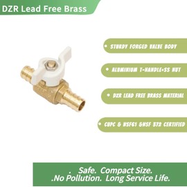 1/2-in Brass Pex Ball Valve, 1/4 Turn Shut Off Valve With White T-handle, Mini Barb Valve for Hot or Cold Water Tubing (2-Pack)