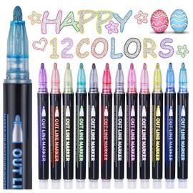 Yangmei Doodle Dazzles Shimmer Marker, Teen Girl Gifts for 4-12 Year Old Girl, 12 Colors Double Line Outline Markers Glitter Pens for Drawing, Art Supplies, Scrapbook, Stocking Stuffers for Kids Teens