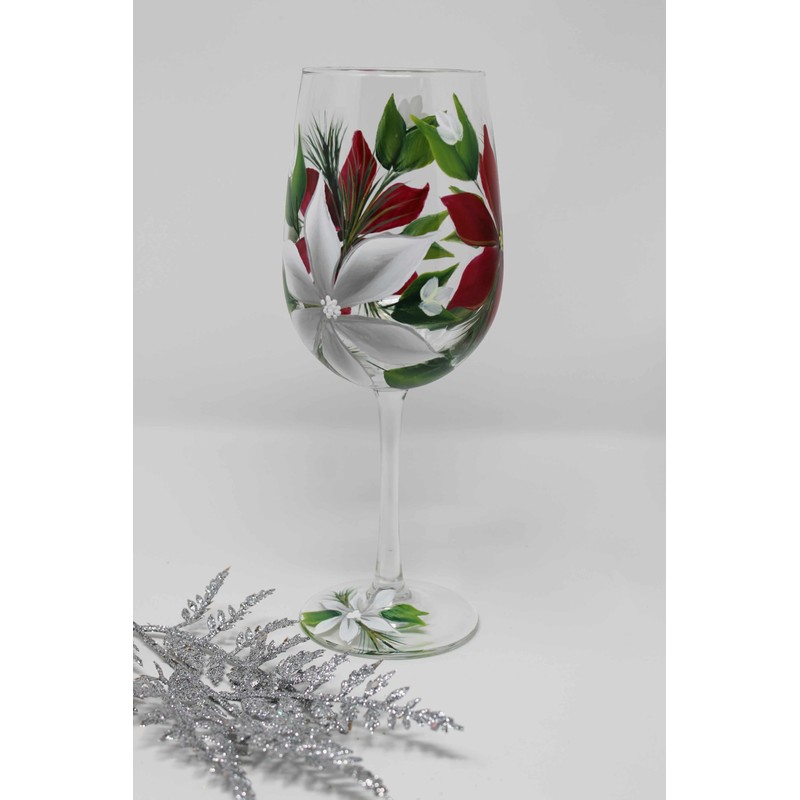 Hand Painted Wine Glasses (Set of 2) - Poinsettia Red/Silver/White