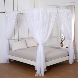 Akiky Princess Canopy Bed Curtains Set Sheer Curtain for Twin Full Queen Size Bed Drapes,8 Panels Canopies with Light,Room Décor(Twin, White)