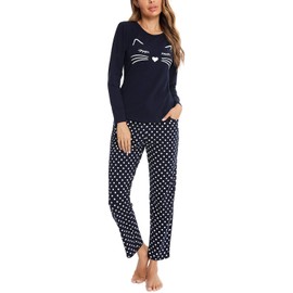 EISHOPEER Women's Cotton Pajama Set Long Sleeve Top & Pants Sleepwear Pjs Sets Navy Blue L