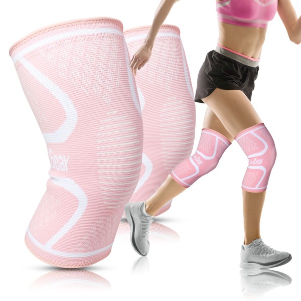 RiptGear Knee Compression Sleeve - 2 Pack - Braces for Knee Pain - Compression for Arthritis, Meniscus Tear, Running - Support for Women and Men - Sleeves Weightlifting Petite (Small, Pink (2 Pack))
