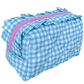 Lyssiatina Handmade Cotton Quilted Makeup Bag for Purse,Ruffie Cosmetic Bag with Zipper,Cute Girly Pouches for Purse，Checked Travelling Toiletries Bag(Blue)