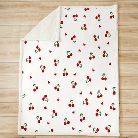 Feelyou Kids Red Cherry Fleece Throw Blanket - Sherpa Pattern for Boys Girls - Cute Fruit Plush for Bed Sofa Couch - Kawaii Cartoon Teens Fuzzy Room Decor - 50"x60"