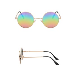 WDZAYXC Retro Classic Round Polarized Sunglasses with Metal Frame for Men and Women, Gold/Rainbow
