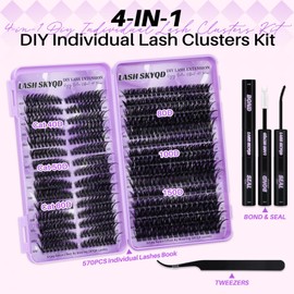 Lash Clusters Kit 570Pcs Individual Cluster Lash Extensions Kit 40D+50D+60D+80D+100D+150D Wispy Eyelash Clusters with Lash Bond and Seal and Tweezers 12-20mm 6 Styles Mix Lashes Clusters Kit