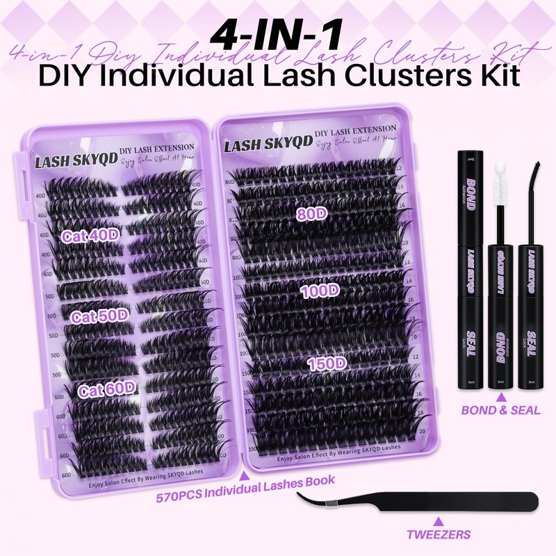 Lash Clusters Kit 570Pcs Individual Cluster Lash Extensions Kit 40D+50D+60D+80D+100D+150D