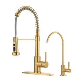 Kitchen Faucet and Water Filter Faucet: Brushed Gold Kitchen Sink Faucet with Drinking Water Faucet - Stainless Steel Single Handle Tap with Pull Down Sprayer for Kitchen Sink Farmhouse Bar