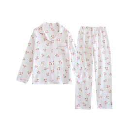 codcm Womens Cotton Gauze Pajama Set Floral Print 2 Piece Pjs Long Sleeve Button Down Sleepwear Cute Pj Sets(White Cherry,Small)