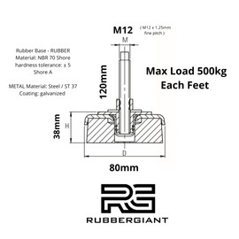 RUBBERGIANT Adjustable Heavy Duty Machine Levelling ONE Foot M12 x 120mm Non Slip NBR Base 80mm Diameter Adjust Legs Height Anti-Vibration Noise Reduction Levellers Mount For Machineries