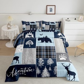 Hunting Bear Deer Quilt, Buffalo Plaid Comforter Set Twin Size Rustic Cabin Patchwork Bedding Set For Kids Boys Teens Adult, Farmhouse Cowboy Woodland Down Comforter With 1 Pillow Case, Blue Grey