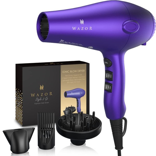 Lightweight Hair Dryer with Diffuser 1875 Watt Salon Grade, Negative Ions Powerful Blow Dryer Faster Drying, Ceramic Hair Blow Dryer with Concentrator and Comb , 2 Speed & 3 Heat Settings, Purple