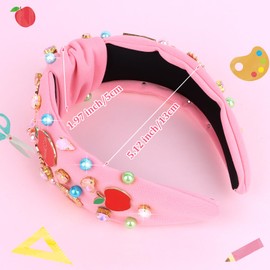 Brimekichio Teacher Headband Knotted Pink Back to School Headband Rhinestone Pearl Apple Embellished Teacher Accessories for Women Gift